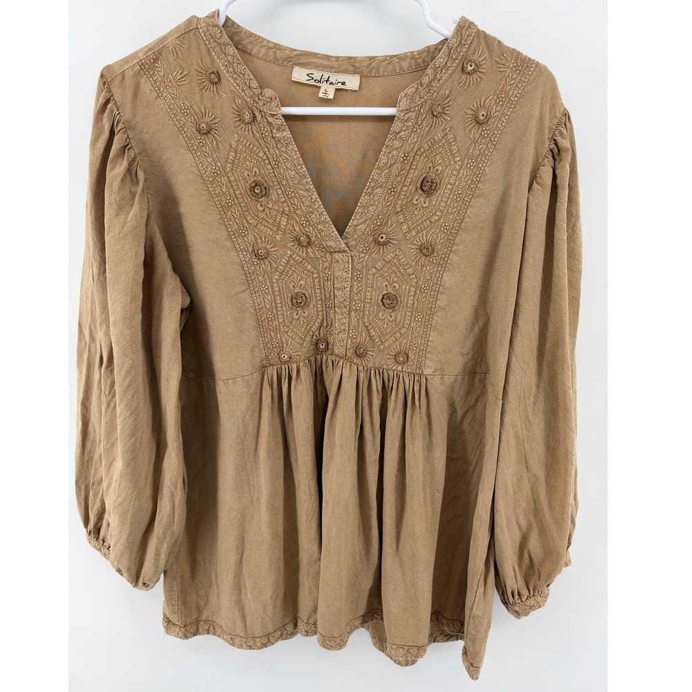 Solitaire Women L Boho Peasant Embroidered Top Tan V-Neck Balloon Sleeve Blouse